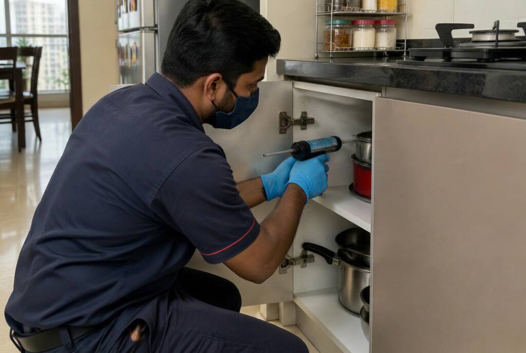 Pest control technician treating a kitchen cabinet
