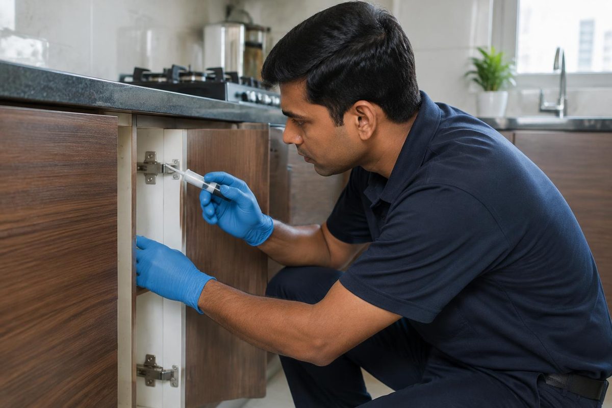 Illustrative technician applying targeted gel at a kitchen cabinet hinge
