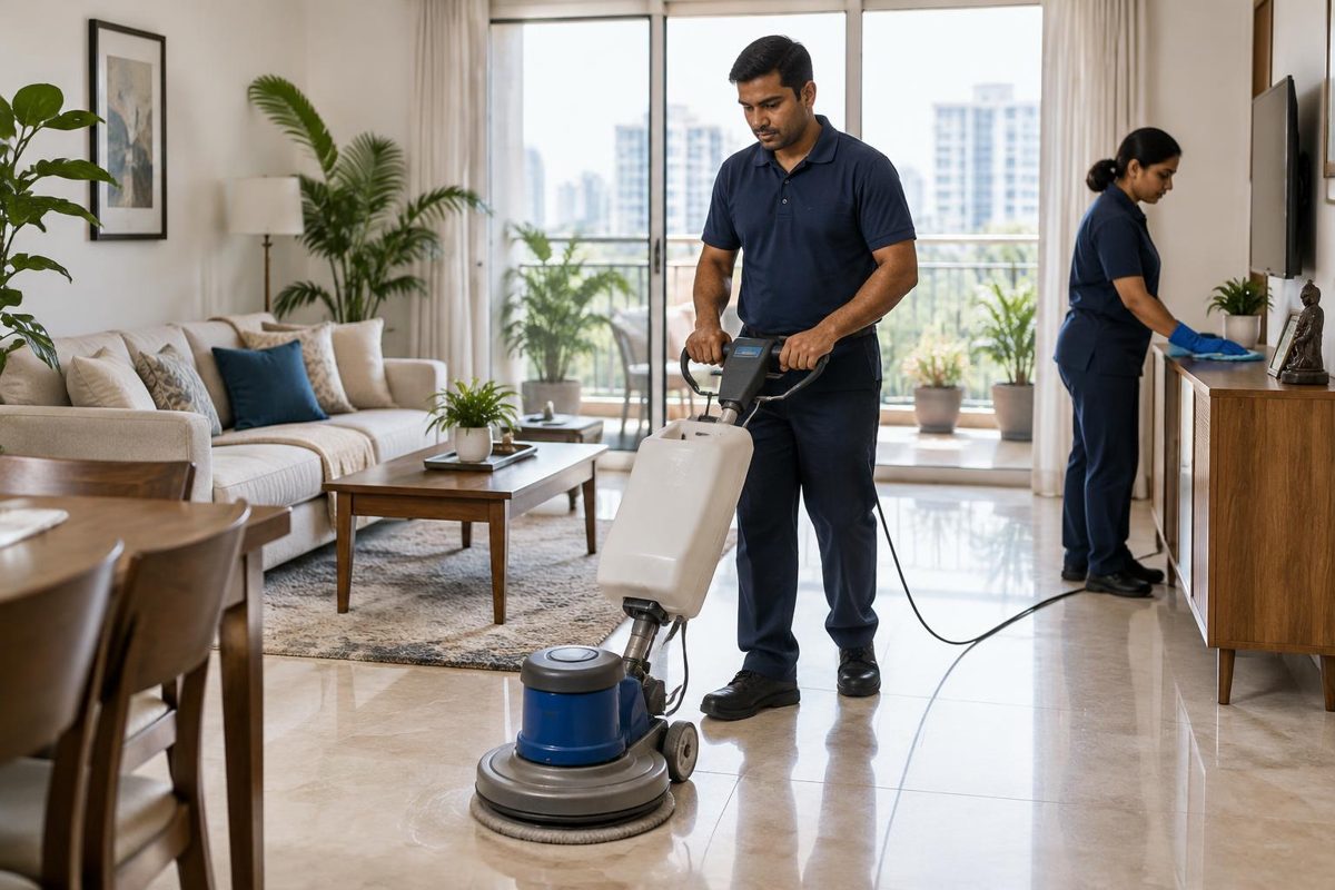 Illustrative cleaning team scrubbing a living-room floor in an Indian apartment