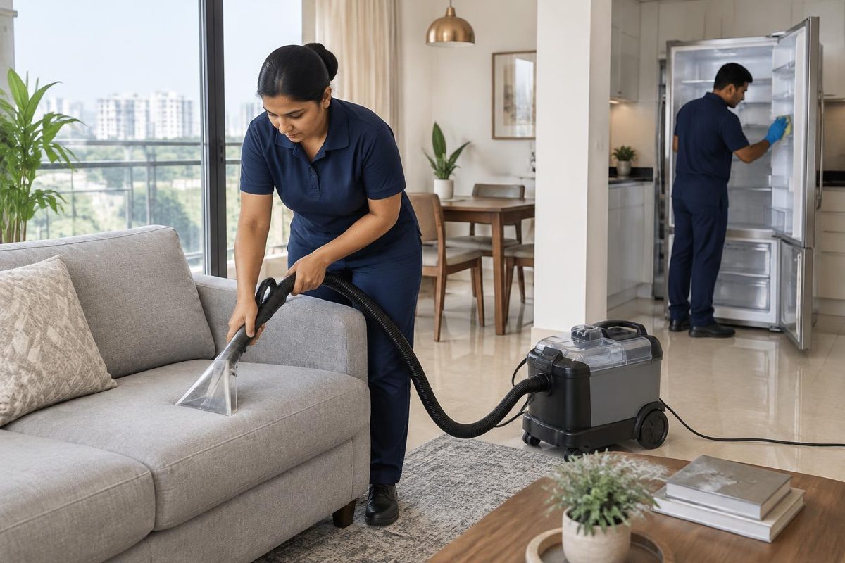 Illustrative sofa shampooing and refrigerator interior cleaning in an Indian home